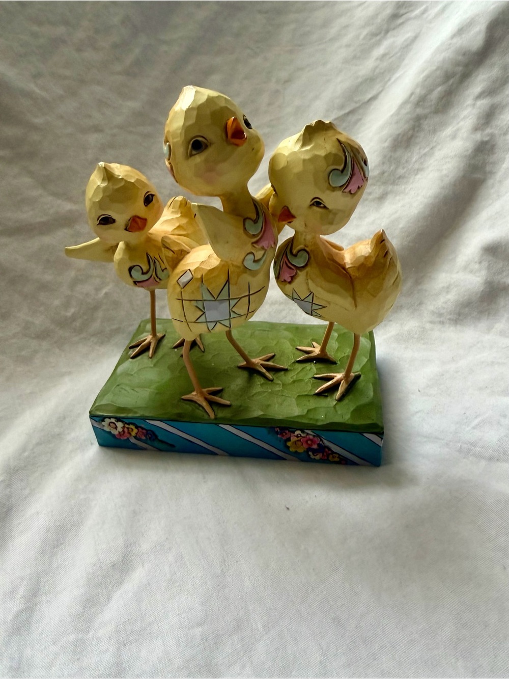 Jim Shore Yellow Chick Trio on Green Base with Blue Trim